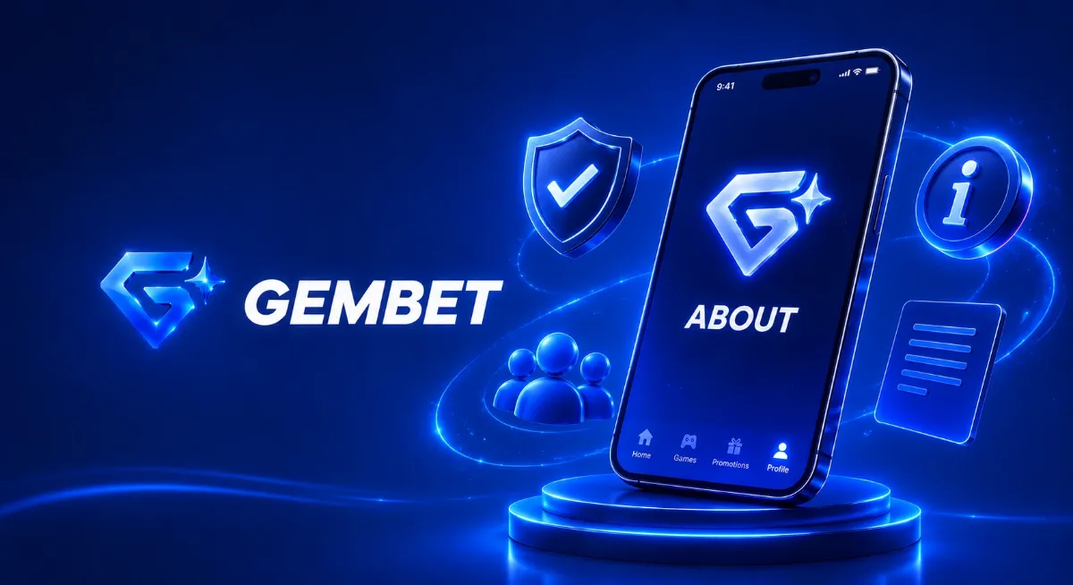 GemBet logo beside a phone showing the About screen, with a shield and information icons