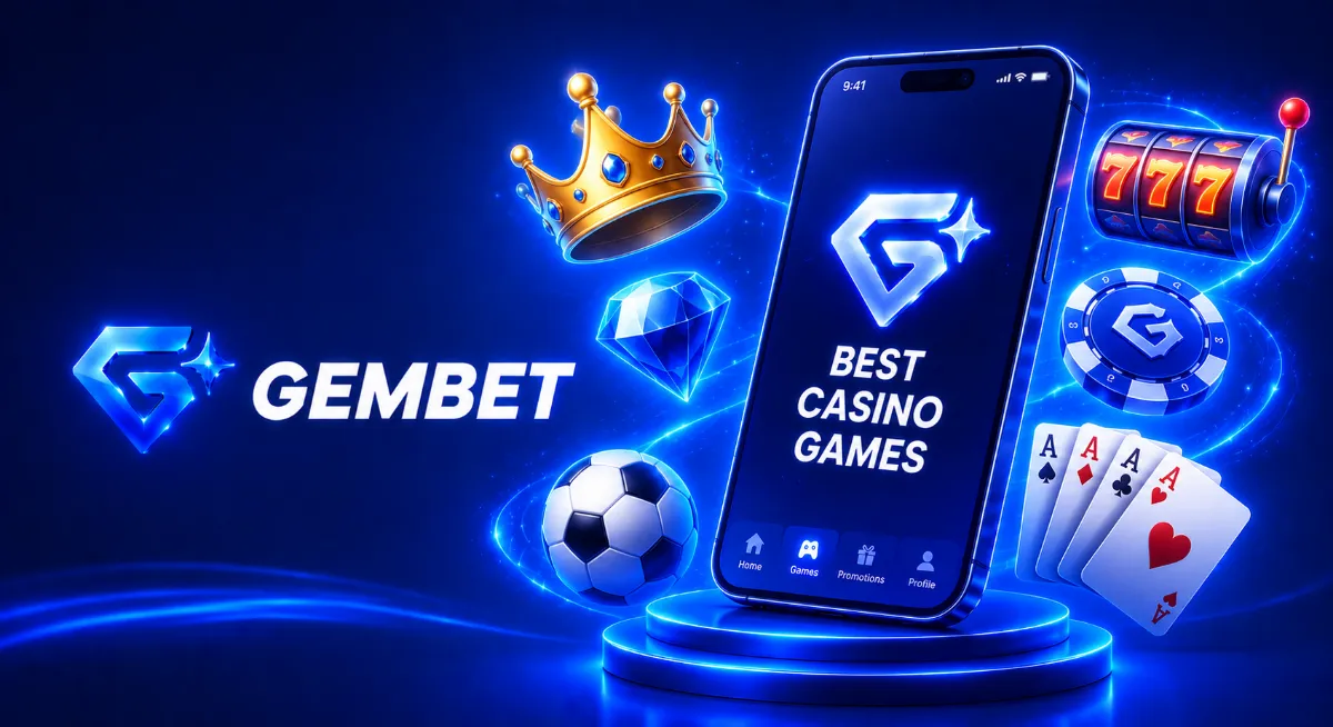 Phone showing GemBet Best Casino Games, surrounded by a crown, slot reels, cards and a football