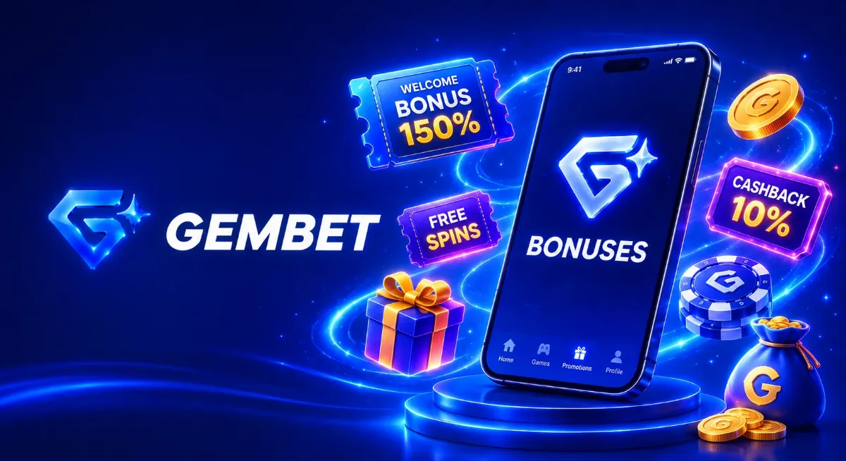 GemBet logo beside a phone showing the Bonuses screen, with welcome bonus, free spins and cashback tickets