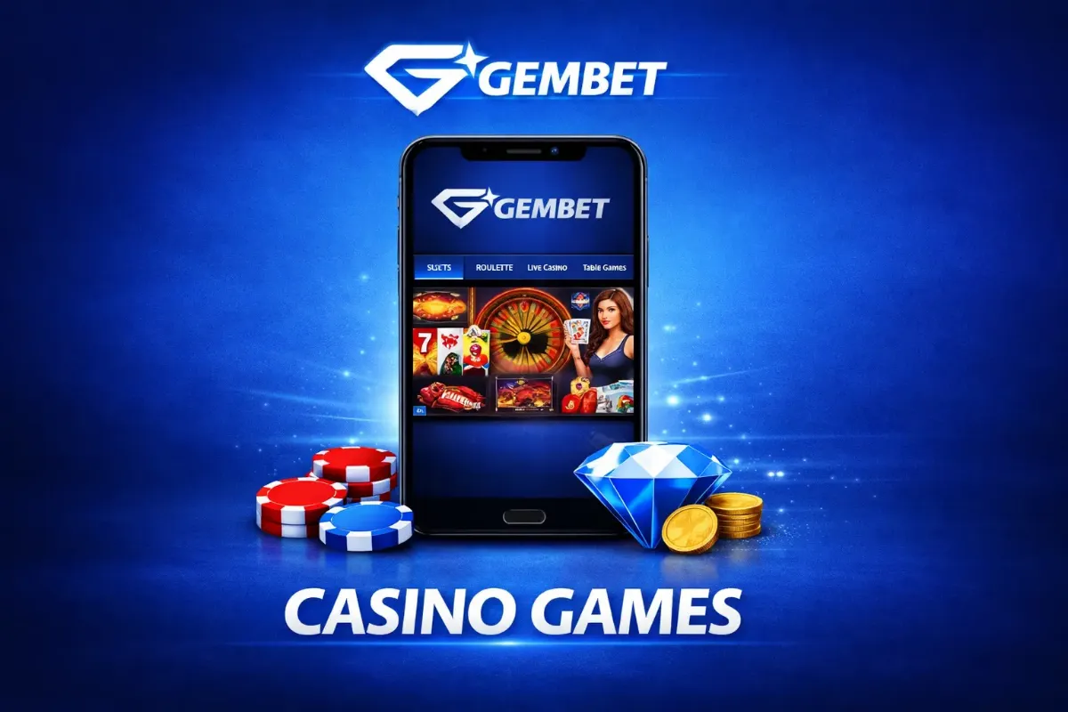 Casino Games banner with a phone and laptop showing the GemBet lobby, chips and a diamond