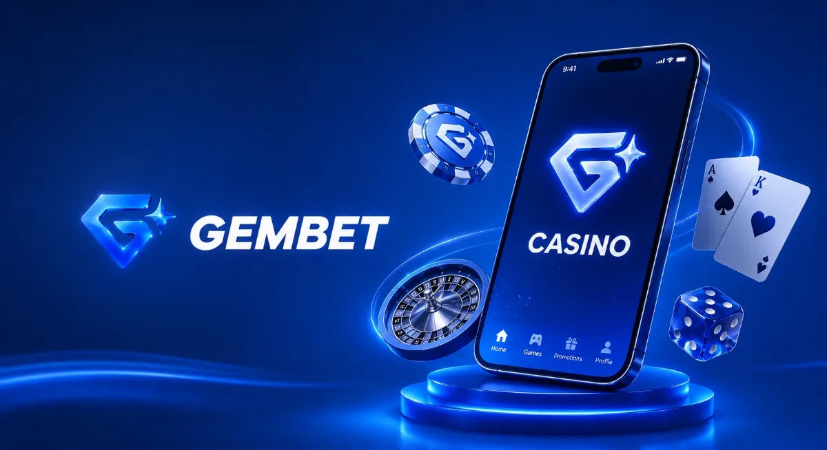 GemBet logo beside a phone showing the GemBet Casino screen, with a roulette wheel, cards and chips