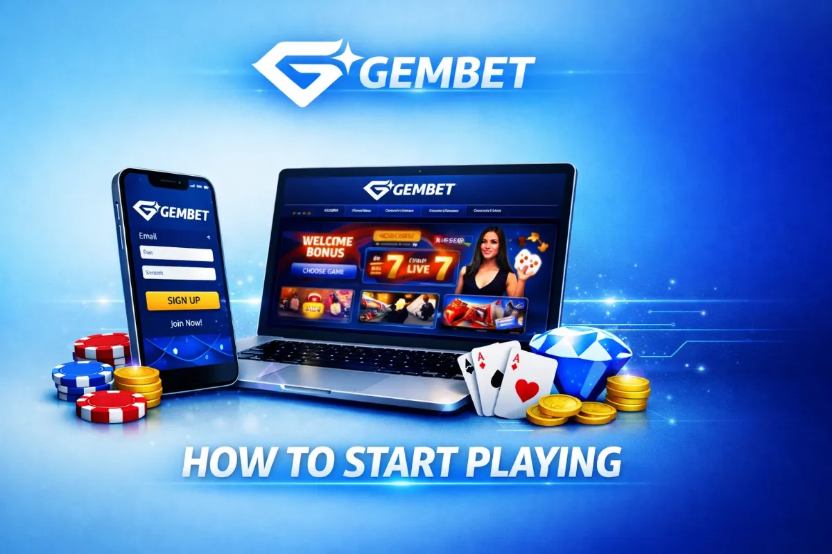 How to Start Playing banner with a phone sign-up screen and a laptop showing the GemBet site