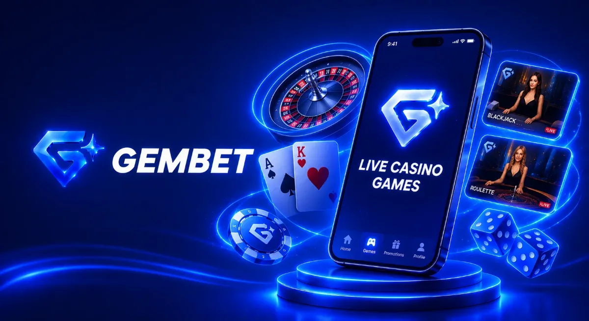 GemBet logo beside a phone showing Live Casino Games, with a roulette wheel, cards and a live dealer