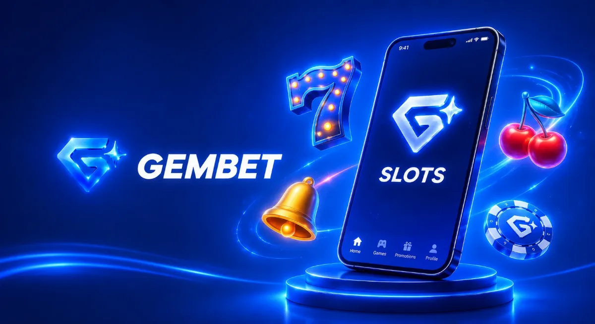 GemBet logo beside a phone showing the Slots screen, with a lucky seven, cherries and a bell